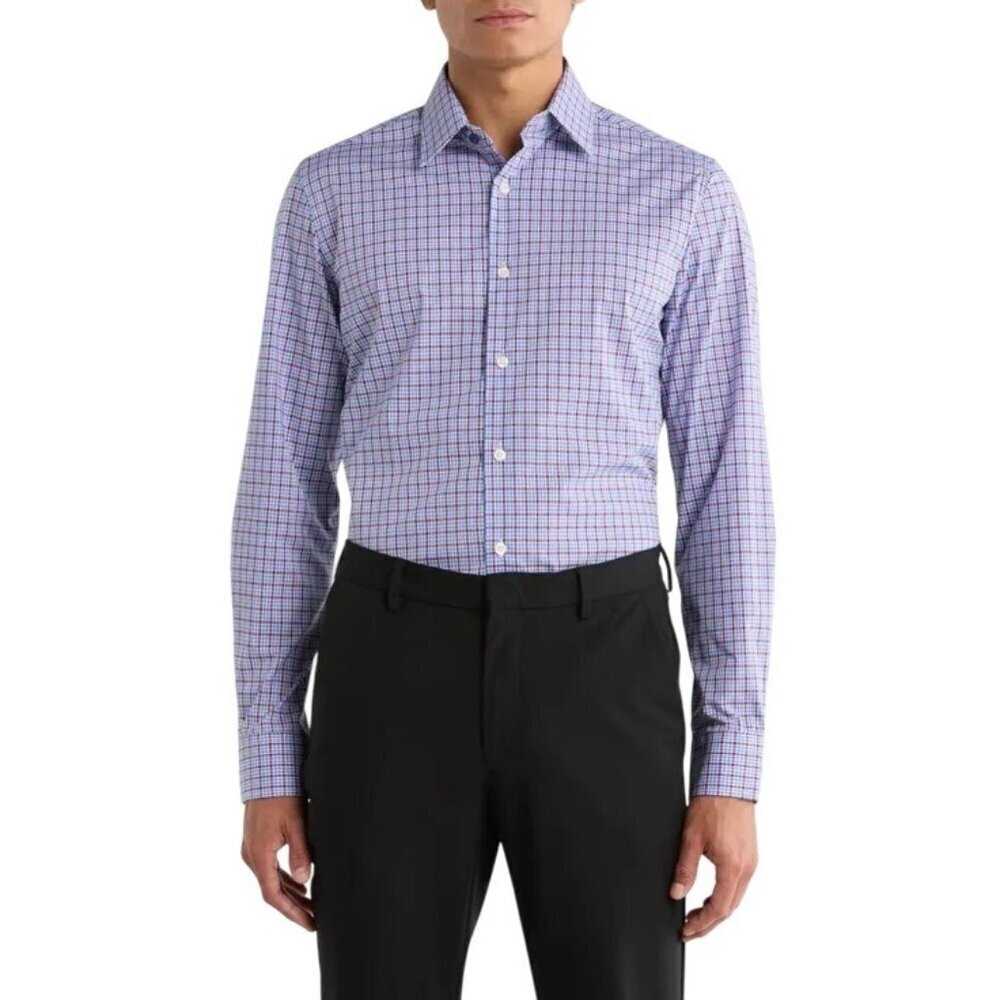 NEW Duchamp Men's 17 XL Slim Fit Dress Shirt Purple Plaid Stretch Cotton